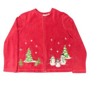 Croft & Barrow fleece Christmas jacket petite PM embroidered snowmen trees red
